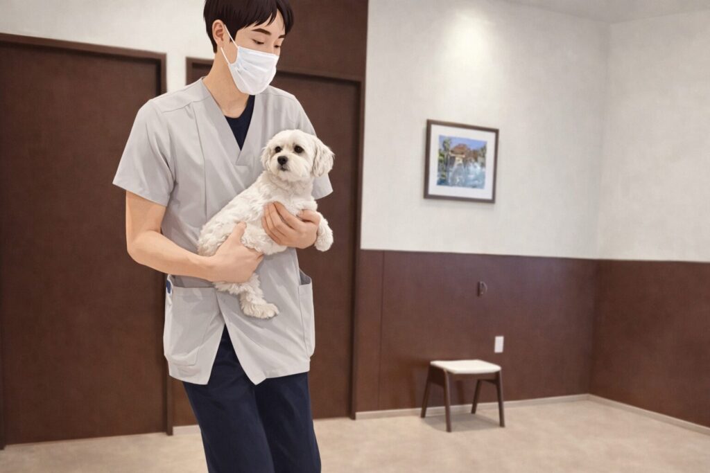 犬 手術後 退院 再会 抱っこされている様子